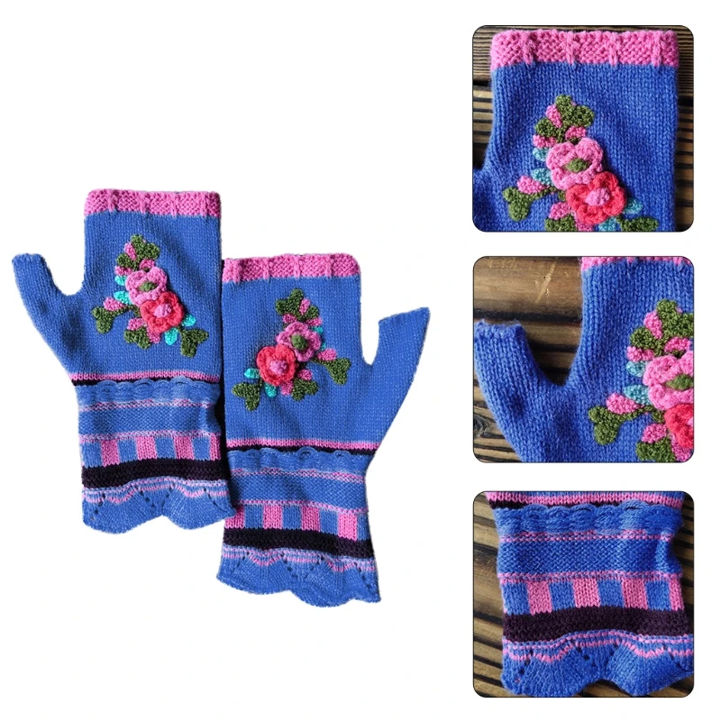 Женские винтажные разноцветные жаккардовые вязаные крючком Цветочные перчатки