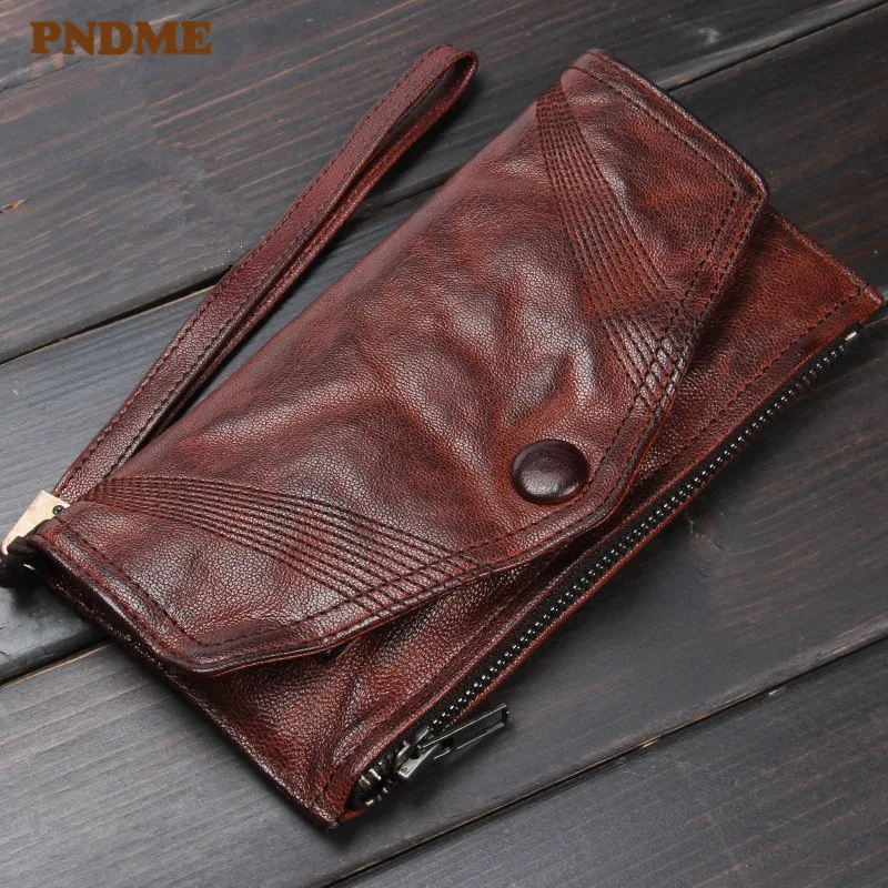 Fashion design handmade genuine leather ladies long clutch wallet vintage soft natural first layer cowhide men's phone purse