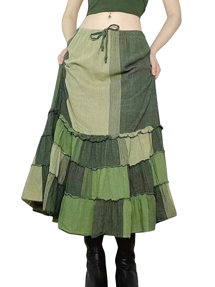 Women Fashion Long Half Skirts Ladies Girls Drawstrings Patchwork Plaid Casual Party Summer A-Lined Green Skirts Outfits