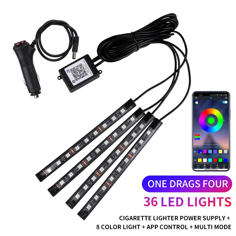 

Неоновый RGB Светодиодный Комплект Освещения Пространства Для Ног Автомобиля, Приложение С Дистанционным Управлением