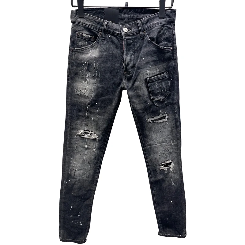 Starbags DSQ black frayed, stylish, slim, micro elastic splash-ink paint simple and generous  small foot jeans for me