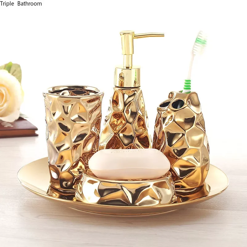 

Ceramic bathroom set four-piece Gold tooth brush holder Soap Dispenser soap box bathroom decoration accessories Wedding gifts