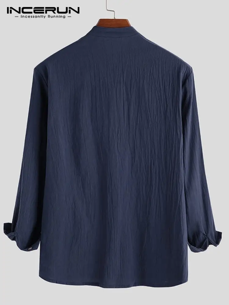 INCERUN Tops Men Solid Collar Harajuku Long Sleeve Shirts Leisure Breathable Hot Sale Cotton Linen Blouse Camisa Masculina 2022
