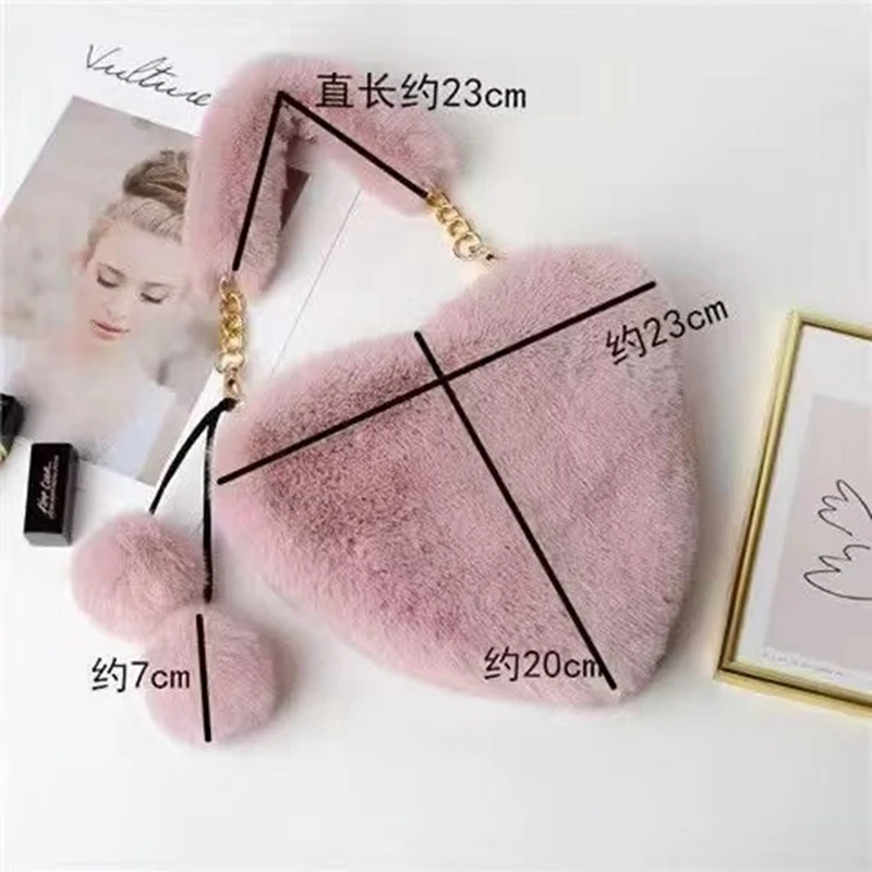 Winter Plush Heart shaped Women's handbag Cute Fashion Chain Shoulder Bag Female Clutch Purse Love Messenger Bag