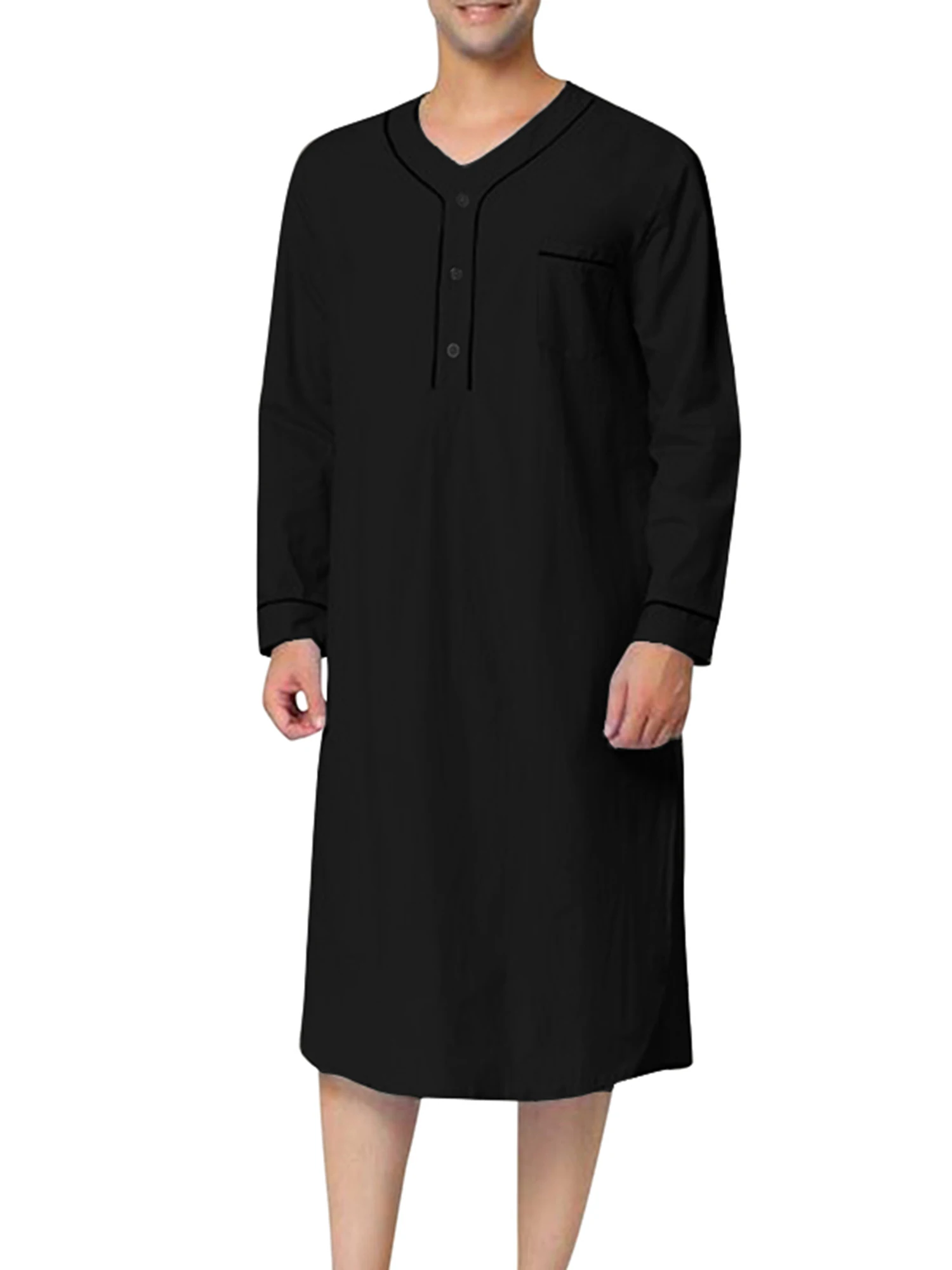 

Cozy Men s Nightshirt with Long Sleeves V-Neck Henley Pocket and Casual Loungewear Style for Comfortable Sleepwear