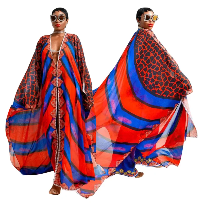 African Dresses for Women Summer Fashion African V-neck Long Sleeve Polyester Printing Long Dress Maxi Dress African Clothes