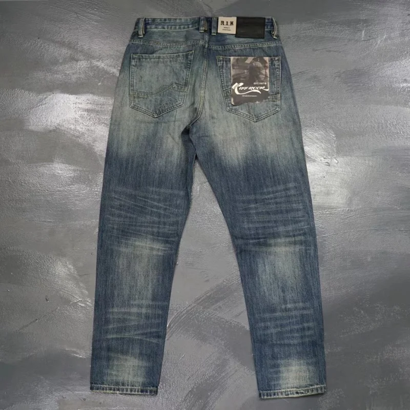 Heavy cotton Japanese retro jeans, men's small straight pants, casual old frock pants.