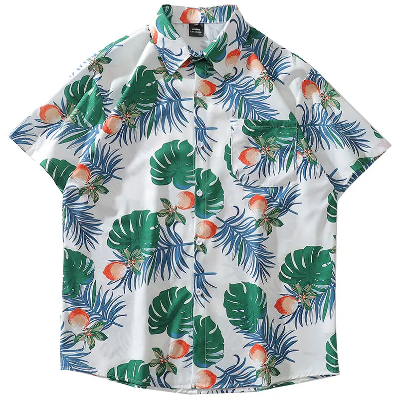 

Vintage Hawaiian Beach Style Banana Leaf Floral Shirts for Men Women Couples Button Up Shirts Loose Casual Streetwear Summer Tee