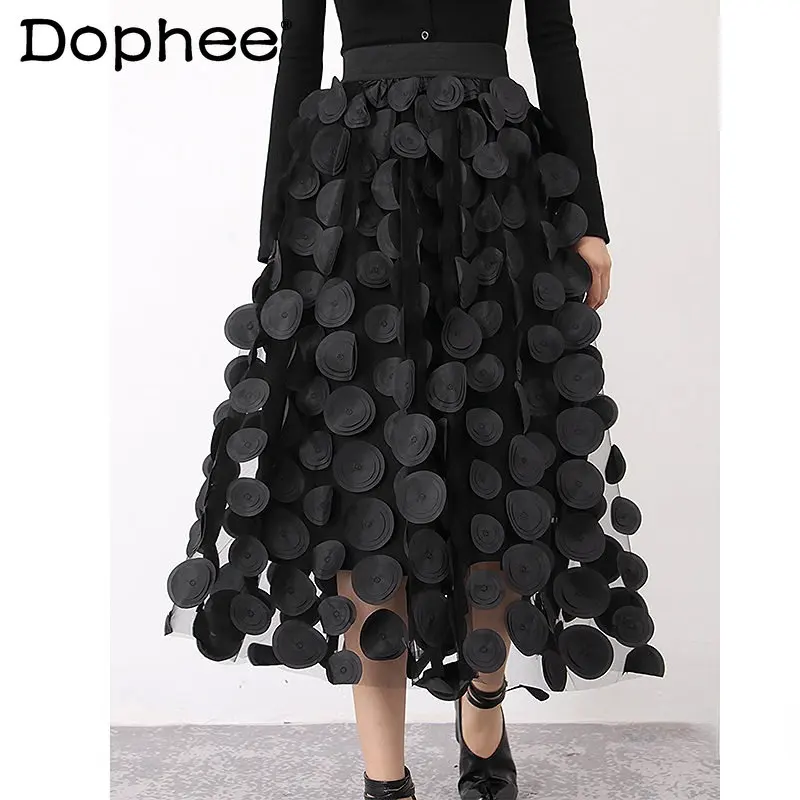 Large Swing Three-Dimensional Polka Dot Petal Skirt for Women 2023 Spring Winter Black A- Line High Waist Mesh Skirts Femme