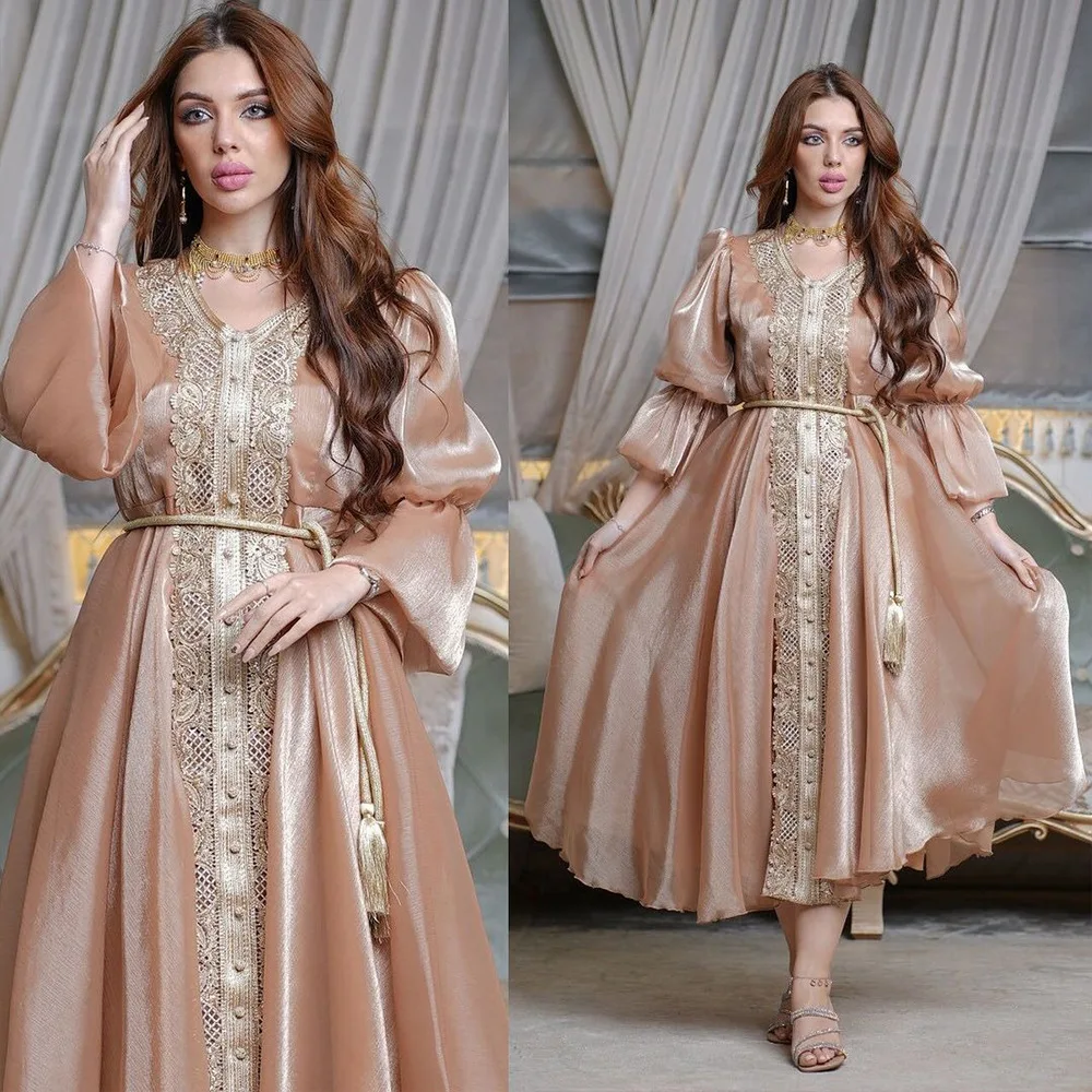 Women Spring Summer Muslim Fashion Middle Eastern Turkey Seasonal Tempest Evening Dress Lantern Sleeve Belted Gown Ramadan