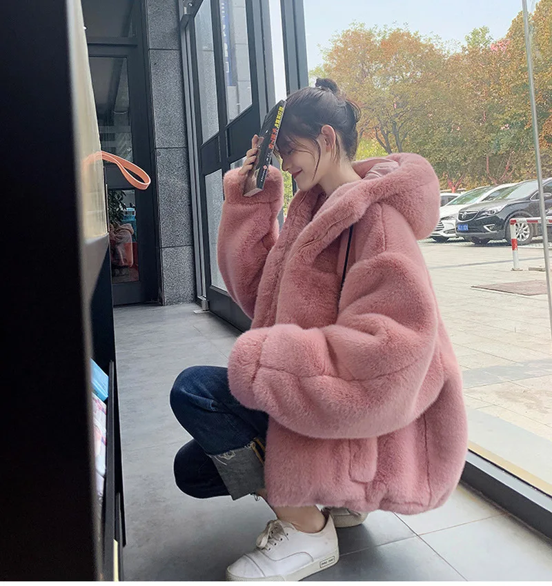 Faux Fur Coats Women Clothing Thick Winter Plus Size Loose Warm Outwear Imitation Mink Fleece Casual Leopard Hooded Jacket Parka