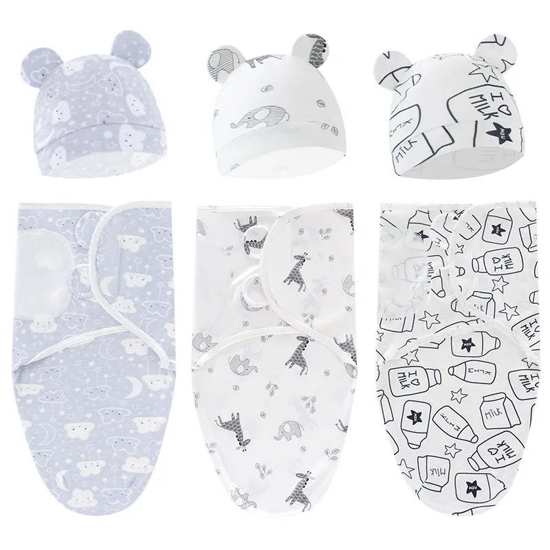 

2PCS Cotton Newborn Sleepsack Baby Swaddle Blanket Wrap Hat Set Infant Adjustable New Born Sleeping Bag Muslin Blankets 0-6M