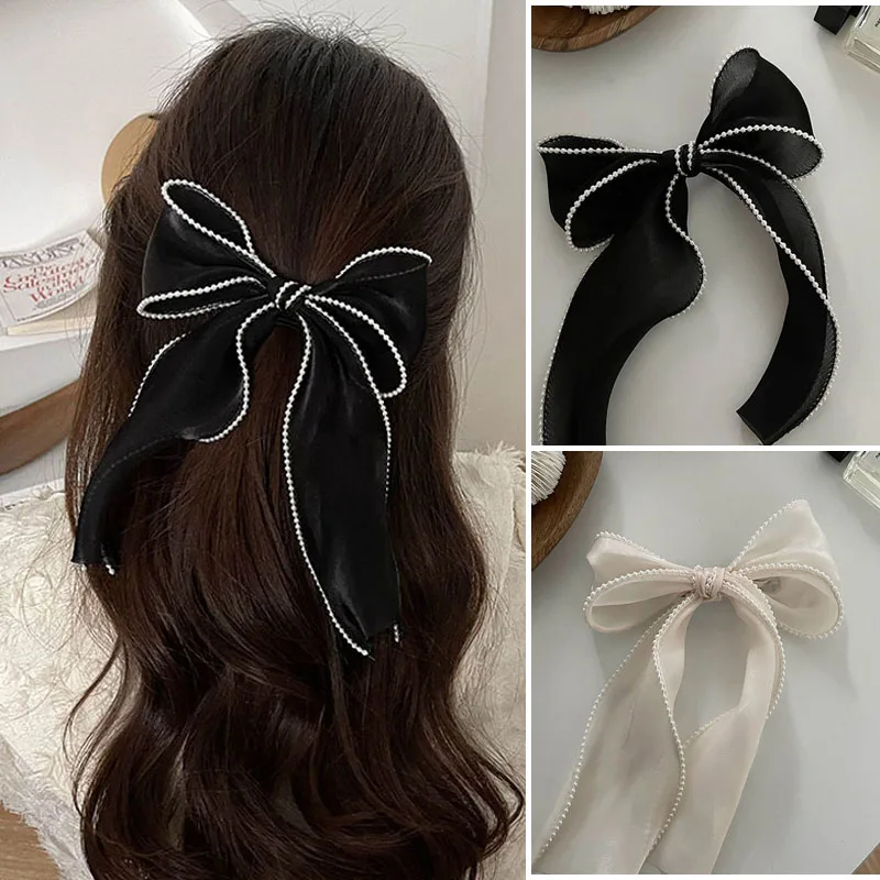 

Solid Color Big Large Satin Bow Hairpins Barrettes For Women Girl Wedding Long Ribbon Korean Hair Clip Hairgrip Hair Accessories