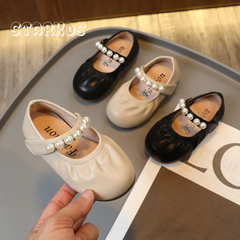 Soft Leatherette Ballet Flat Girls Elegant Pearls Mary Janes 2022 New Baby Kids Princess Loafers Children Party Shoes