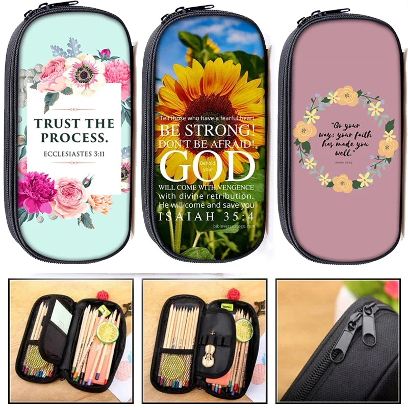 Bags God He Will Sustain You Girl Casual Floral Pencil Box School Supplies Stationary Bag