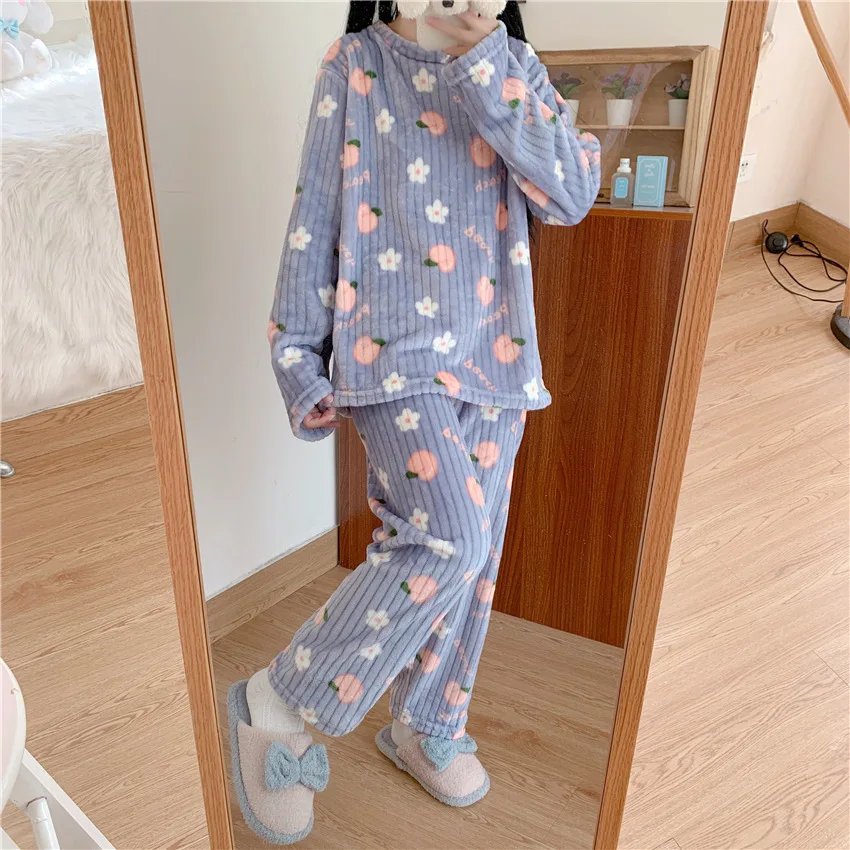 Ladies Pajama Sets Thicken Autumn And Winter Keep Warm Nightgown Comfortable Soft Sleepwear Suit Cute Style Pocket Design