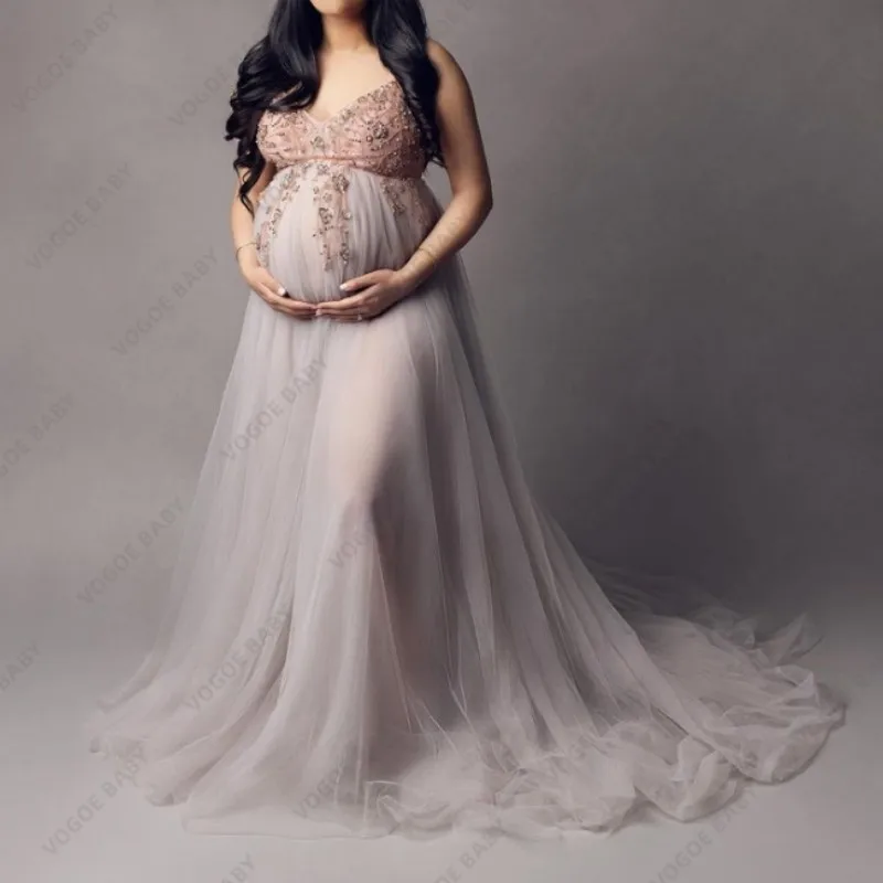 Maternity Photography Dress Pink Split Dress Tulle Rhinestone Halter Dress Baby Shower Dress Sweet Wedding Dress Phootshoot Prop