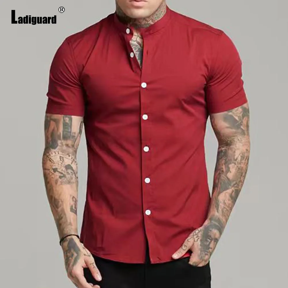 Ladiguard Trend 2023 Mandarin Collar Shirt Latest Summer Casual Top Men Solid Red Gray Blouse Mens Open Stitch Tunic Clothing