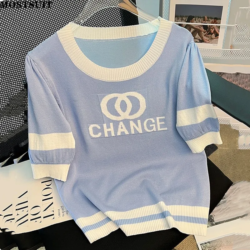 

Summer Letters Jacquard Knit Top Sweater Women Elegant Fashion Ladies Pullover Tees Short Sleeve Round Neck Female Woman T Shirt