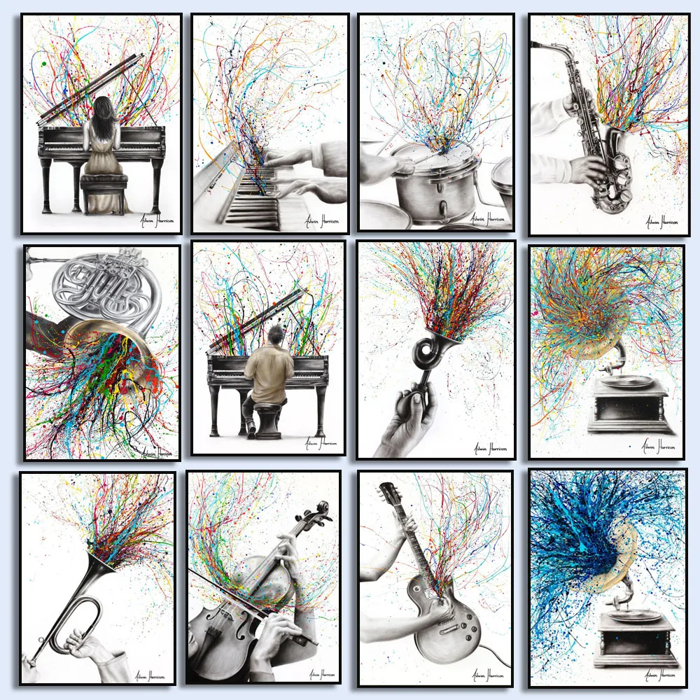 Graffiti Piano Guitar Music Poster Record Player Violin Canvas Painting Wall Art Picture for Living Room music home Room gift
