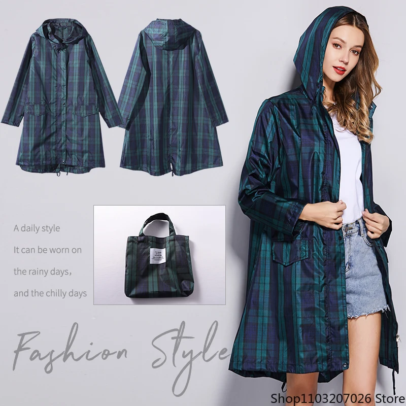

Womens Fastion Green Plaid Long Raincoat Waterproof Rain Jacket Coat Hiking Windbreaker