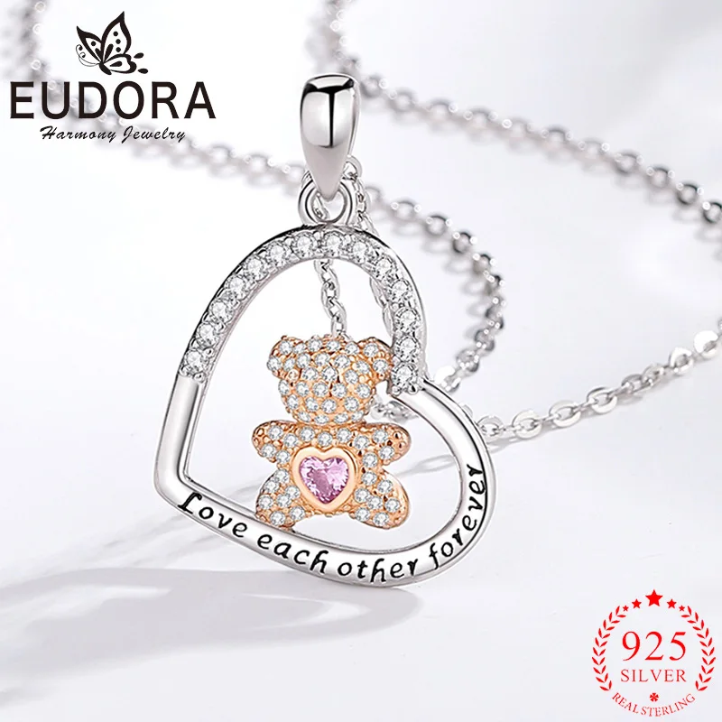 

Eudora 925 Sterling Silver Rosy Gold Bear Necklace Zircon Sweet Heart Pendant Woman Exquisite Jewelry Valentine's Day Gift