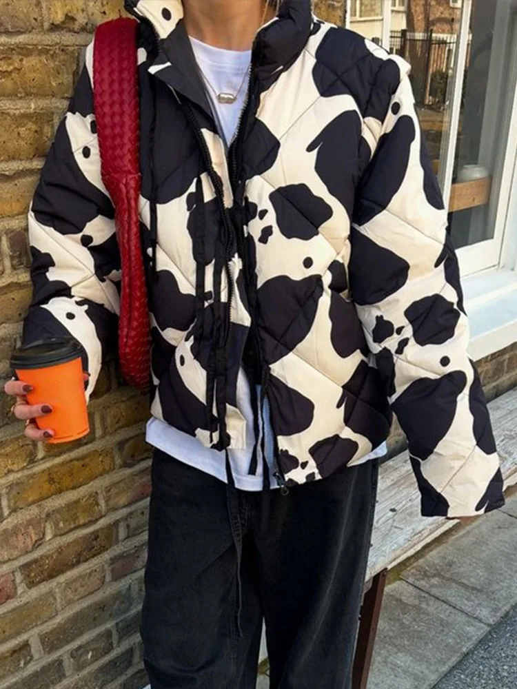 Модное женское пальто с принтом в стиле ретро круглым вырезом на молнии и лентой