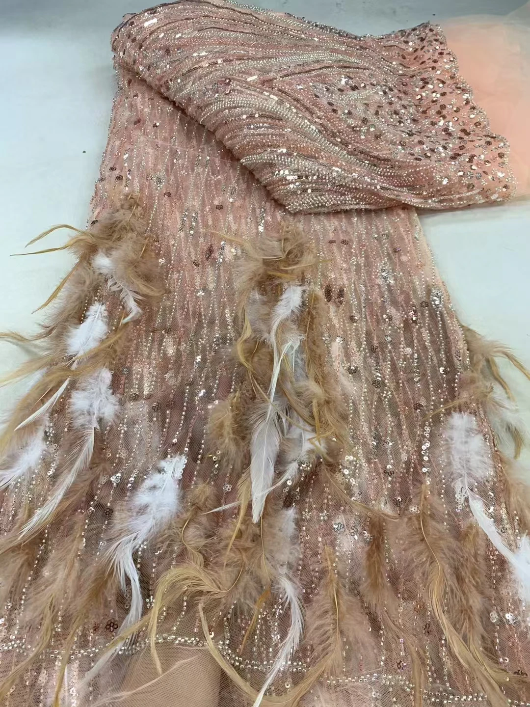 3D кружевная ткань с трехмерной вышивкой перьев Европейское и американское