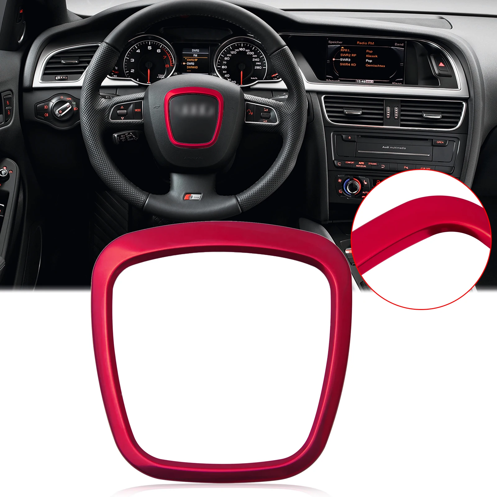 สีแดงภายในรถพวงมาลัยฝาครอบ Emblem กรอบกลางสำหรับ Audi A3 A4 B7 B8 A5 A6 C6 A8 d3 Q5 Q7