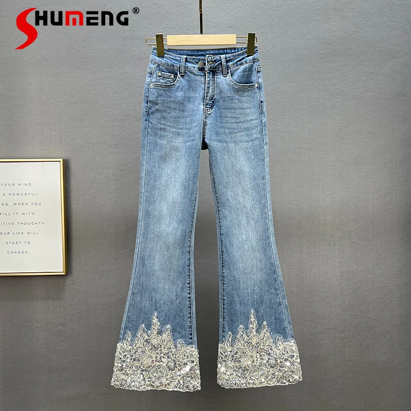 Casual Slimming Sequined Bell Bottom Jeans for Women 2022 Spring New High Waist Blue Bell-Bottom Pants Wide Leg Flare Trousers
