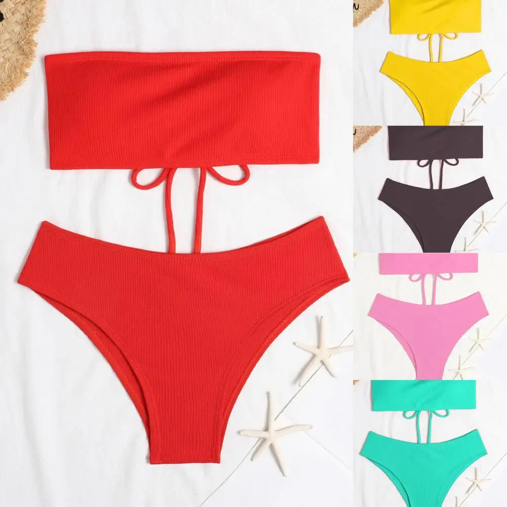 Пикантное бикини без бретелек с высокой талией женский купальник однотонный