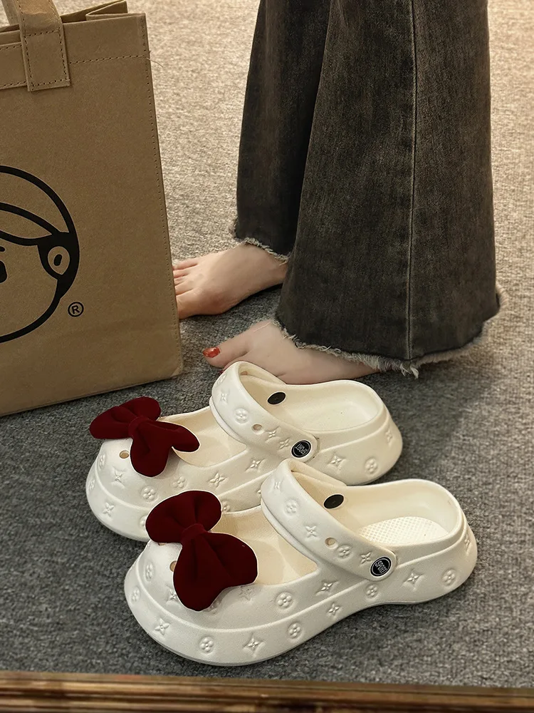 Пористая обувь с бантом 2 модели верхняя одежда полутапочки закрытым носком 02