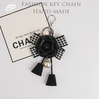 fashion charm cute sweet synthetic pu leather rose camellia flowers keychain for women trinket key chains ring car bag pendent