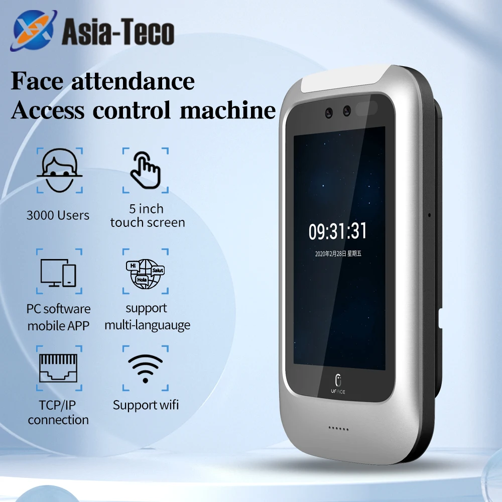 5 Inch WiFi TCP IP Face Recognition Touch Screen Attendance Device Support 125KHhz ID Card APP/ PC Software / Cloud 3000 Users