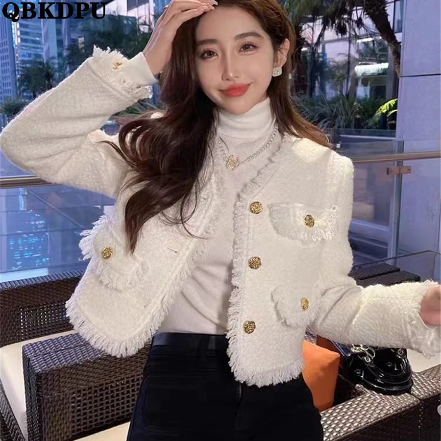 

Korean Luxury Tassel Cropped Tweed Jacket Women Spring Short Coat Vintage Streetwear Outwear Single Breasted Fashion Chaqueta