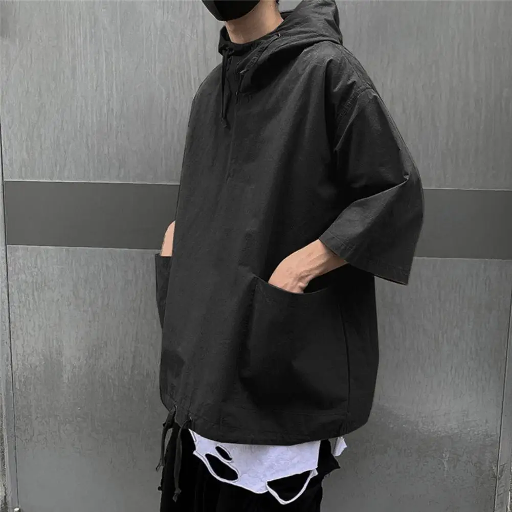 

Fashion Summer T-shirt Skin-friendly Loose Top Drawstring Large Pockets Loose Men T-shirt Breathable