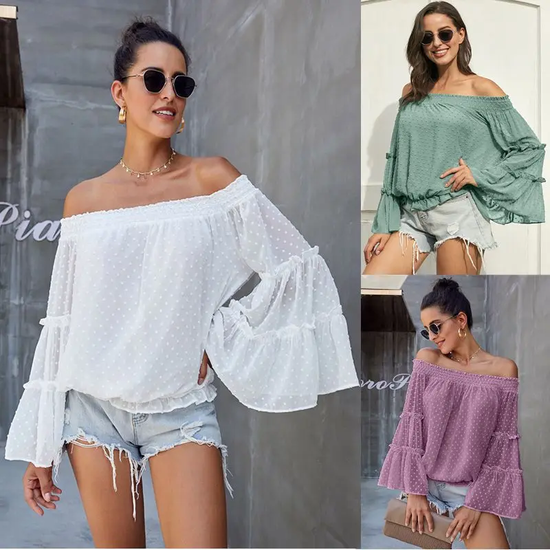 

Loose Flared Flared Sleeve Off-Shoulder Ruffled Dot Swiss Dot Chiffon Shirt Top