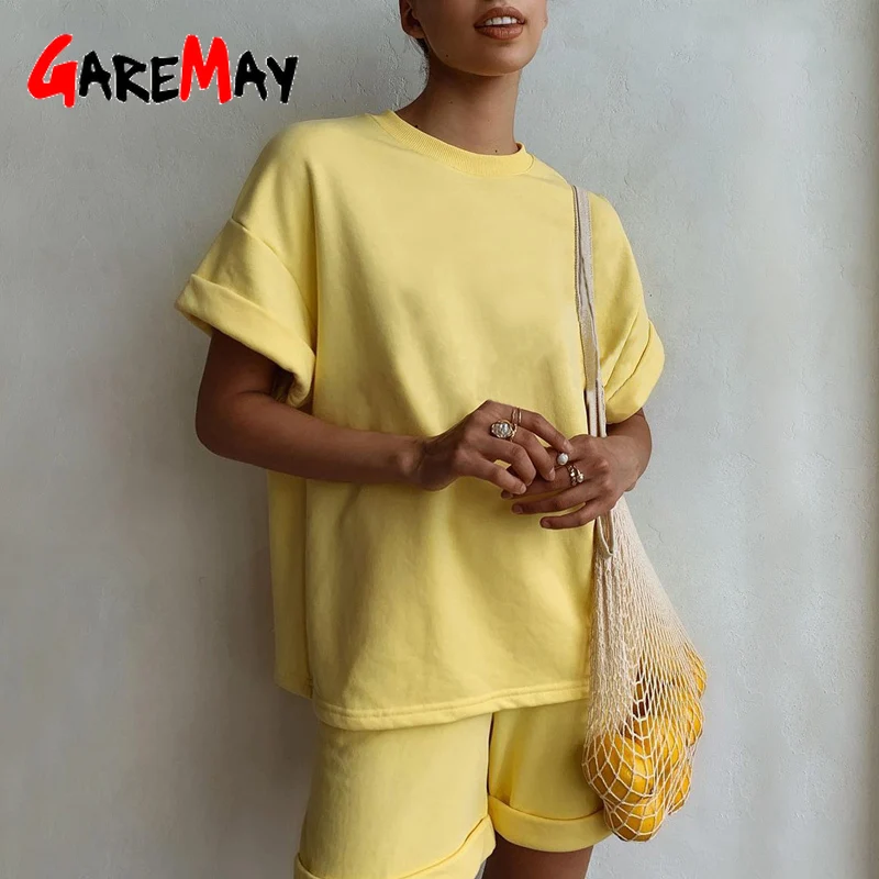 Зеленый костюм шорты с футболкой для женщин и топ свободные большие 100% хлопок