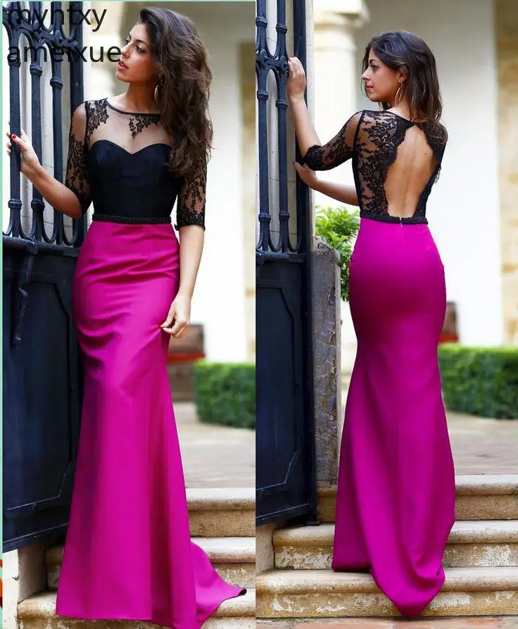 

Sexy 2023 Formal Pink And Black Evening Scoop None Trumpet Half Floor-length Satin Natural Regular Simple Robe De Soiree