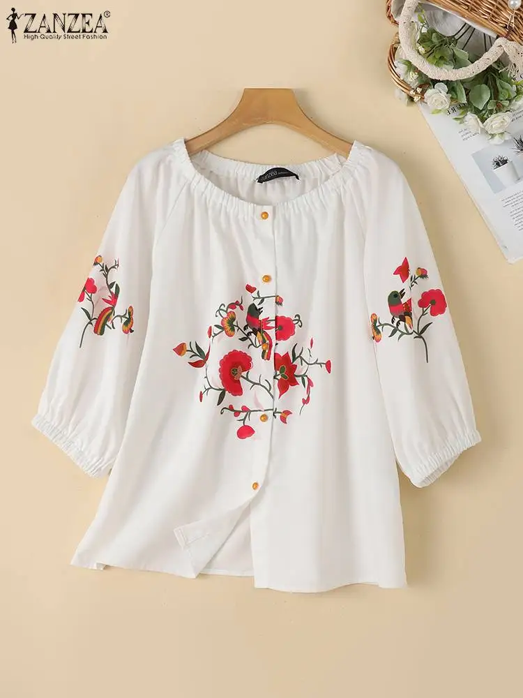 ZANZEA Винтажная Женская Осенняя Блузка С Круглым Вырезом И Рукавами 3/4 На Пуговицах