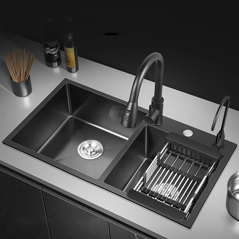 Drainboard Kitchen Sink Black Undermount Stainless Steel Hidden Wash Basin Soap Dispensor Evier Cuisine Utensils for Kitchen