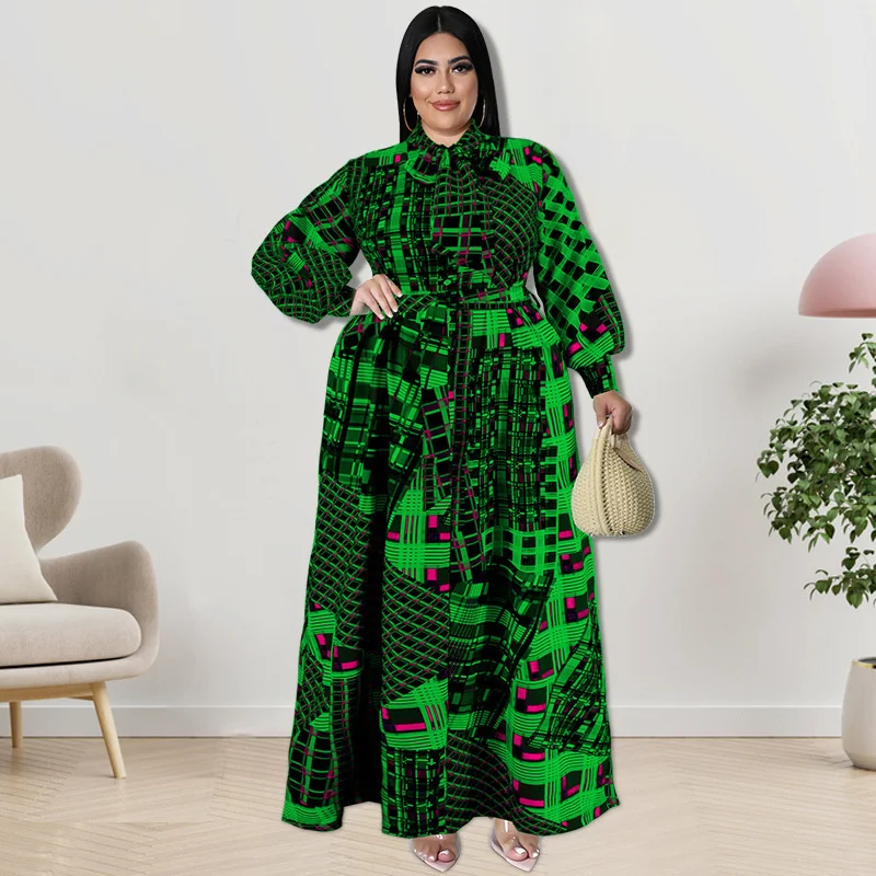 Plus Size Women's Dresses Fashion Casual Long Sleeve Digital Print Dress Elegant Bow Tie A-line Dresses For Large Size Female