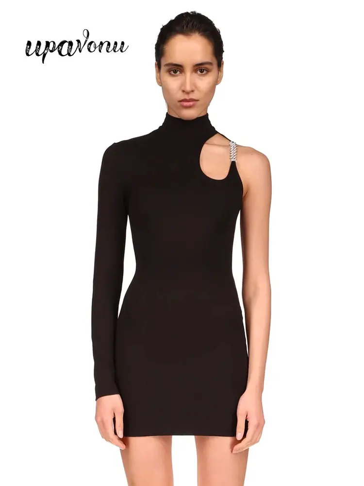Sexy Women's Black Bandage Dress 2023 Spring O Neck One Shoulder Sleeve Bodycon Diamond-inlaid Hollow Sling Dress Party Vesidos