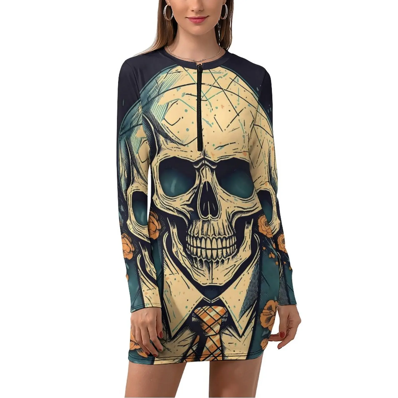 

Женское платье с длинным рукавом, готическое облегающее платье с принтом роз и черепов, большие размеры, на лето