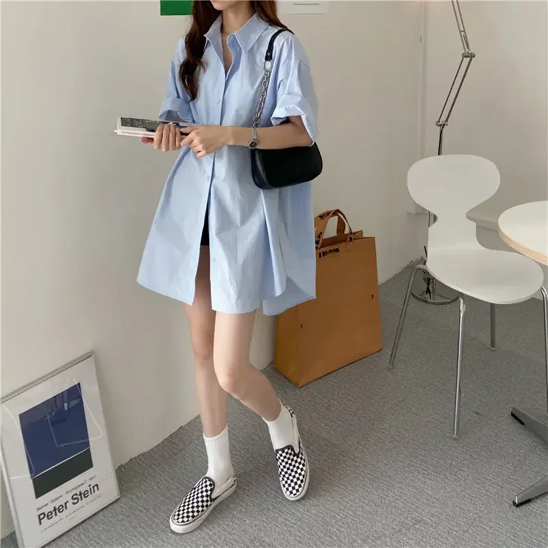 Блузка женская с коротким рукавом свободная рубашка средней и длинной длины