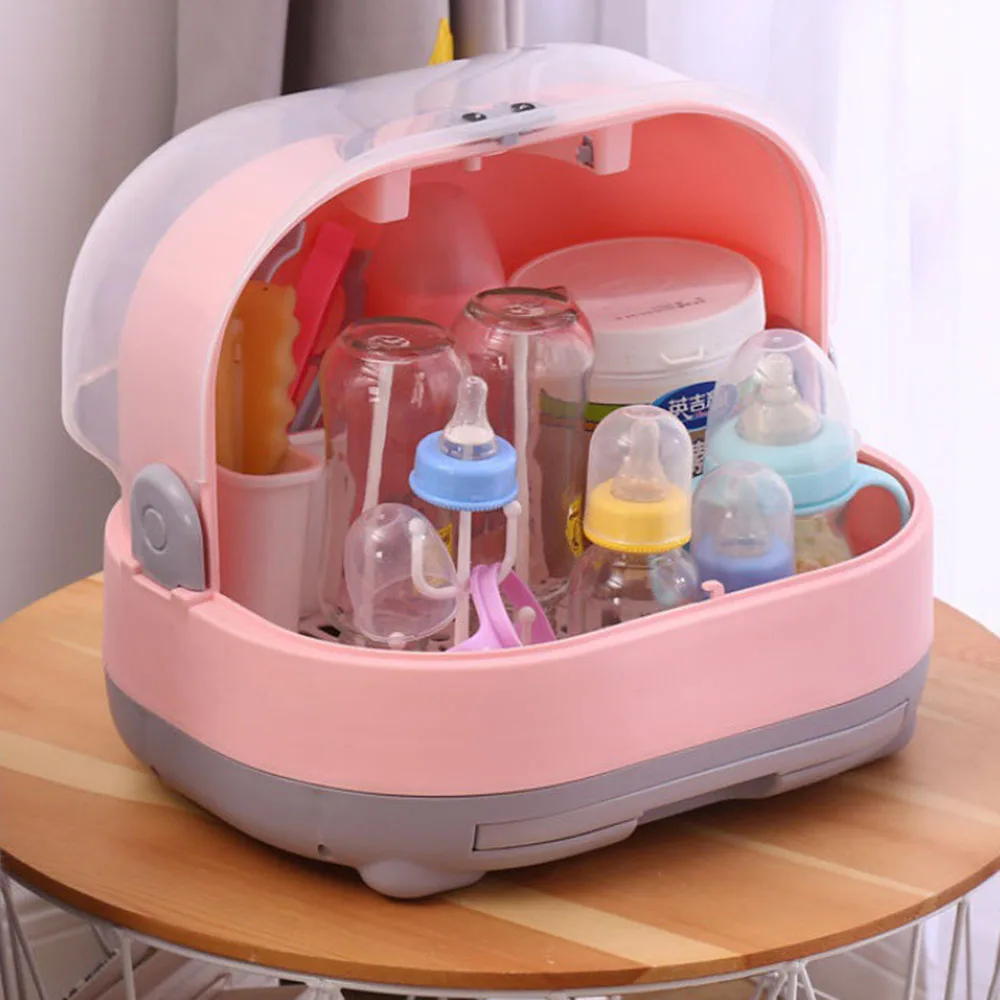 Baby bottle storage box Portable dust belt cover drain dry rack baby utensils storage box