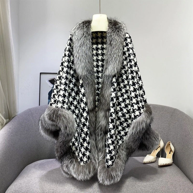 2023 Autumn and Winter Faux Fur Coat Women Loose Casual Houndstooth Thickened Double-sided Wear Temperament Ladies Shawl Hair