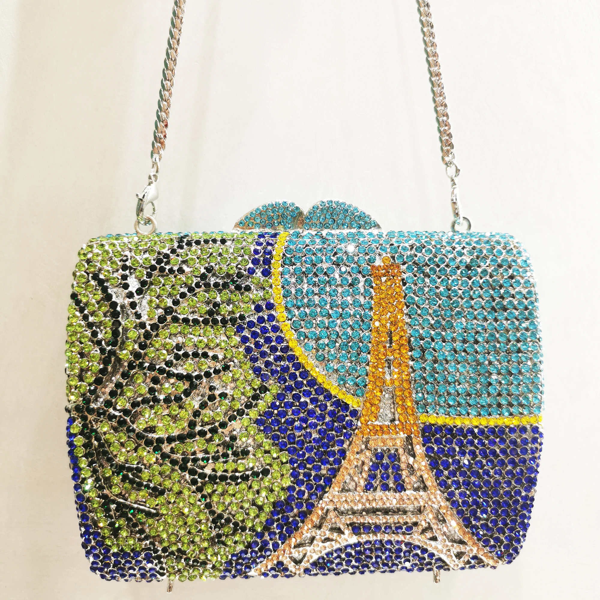 

Woman Banquet Dinner Blue Rhinestone Eiffel Tower Purse Gala Cocktail Party Diamond Evening Bag Wedding Bridal Crystal Handbag