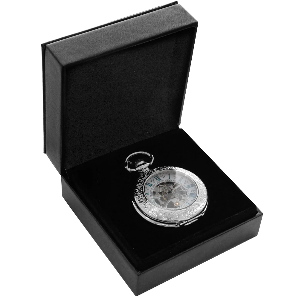 Antique Silver Mechanical Pocket Watch Hand-winding Casual Retro Luxury Gift Box Set for Elderly Parents