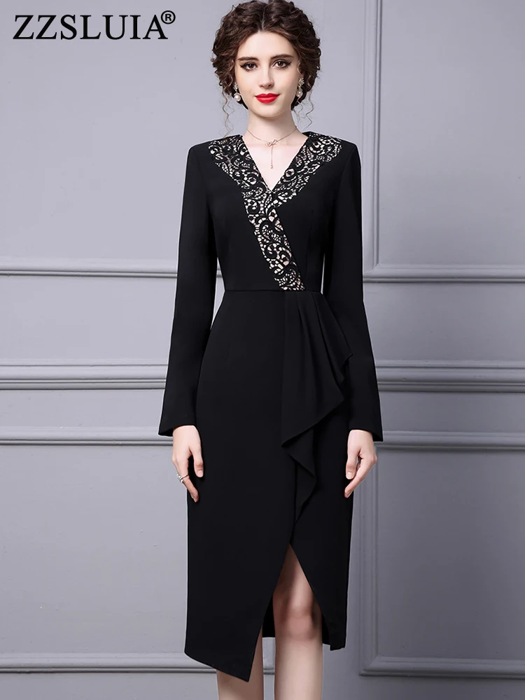 

ZZSLUIA элегантные платья для женщин с вышивкой лоскутное дизайнерское тонкое платье с разрезом Модные платья с длинным рукавом с рюшами Женск...